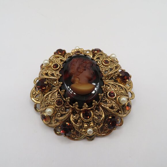 Vintage West Germany Brown Cameo Rhinestone Faux Pearl Accent Filigree Brooch - Picture 8 of 10